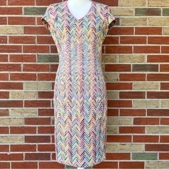 ☀️ etcetera Embroidered V-neck White Pink Multicolor Short Sleeve Sheath Dress